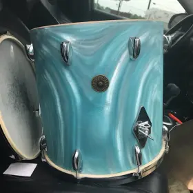 Gretsch round badge aqua satin flame 14’ floor 20’ bass