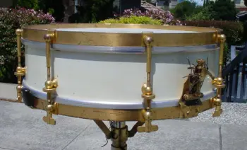 1920s WILSON GOLD PLATED/WHITE LACQUER 4x14 SEPARATE TENSION THUMB-ROD SNARE DRUM