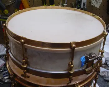 1920s WILSON GOLD PLATED/WHITE LACQUER 4x14 SEPARATE TENSION THUMB-ROD SNARE DRUM