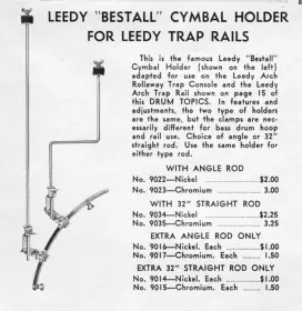 Leedy Bestall cymbal or trap holders for arch rail
