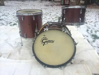 are Vintage Gretsch Round Badge 3 pc drum set in original burgundy sparkle wrap finis