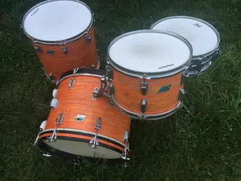 vintage 1970's Ludwig Blue + Olive badge 4 pc kit in MOD ORANGE!
