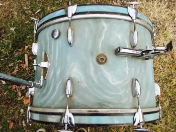 1960s Gretsch Round Badge 14&quot; x 22&quot; bass drum in Aqua Satin Flame wrap