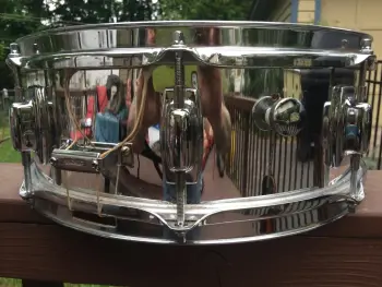 1980's Ludwig Blue + Olive Badge 5" x 14" Chrome Over Wood Snare Drum