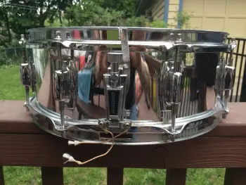 1980's Ludwig Blue + Olive Badge 5" x 14" Chrome Over Wood Snare Drum